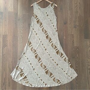 Vintage Gauze Abstract Print Crew Neck Sleeveless Boho Maxi Dress Beige Medium